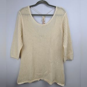 Old Navy vintage open back knit 3/4 sleeve beige coastal grandma sweater, sz XL
